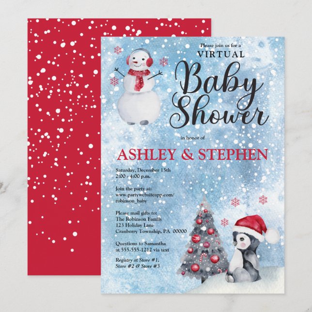 Penguin Snowman Winter Virtual Boy Baby Shower  Invitation (Front/Back)