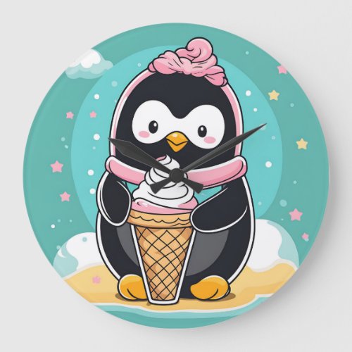 Penguin Summer And Ice Cream Large Clock