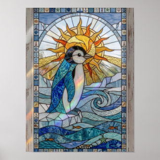 Penguin Sunset Ocean Stained Glass Coastal Art Poster