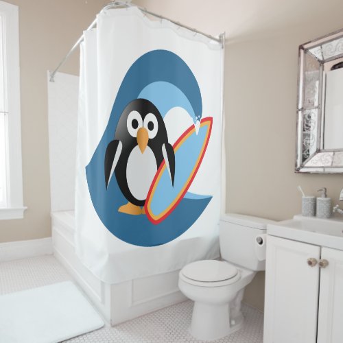 Penguin surfer shower curtain