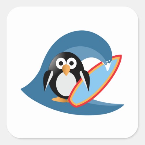 Penguin surfer square sticker