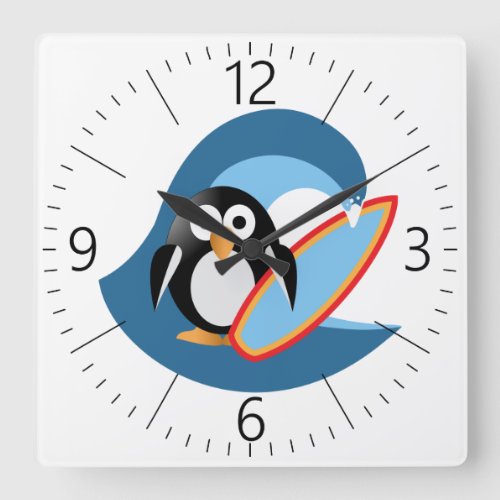 Penguin surfer square wall clock