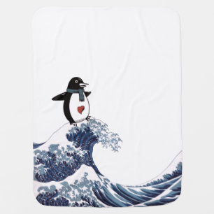 Penguin SURFING The Great Wave Baby Blanket