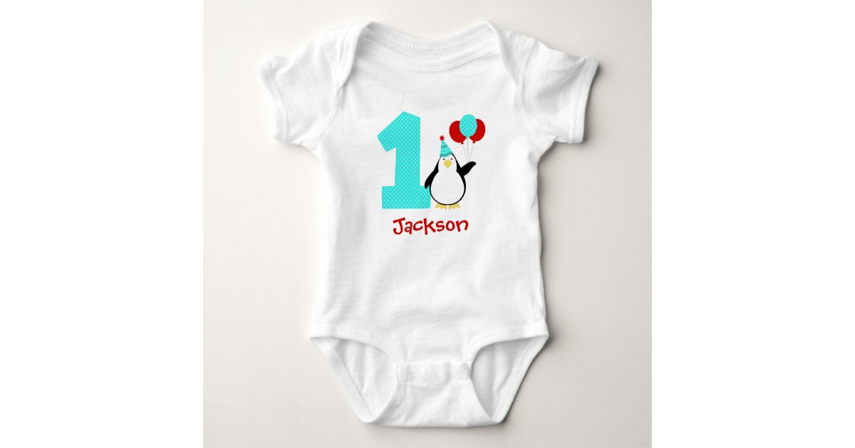 Penguin Teal Red Boy Winter Onederland Birthday Baby Bodysuit