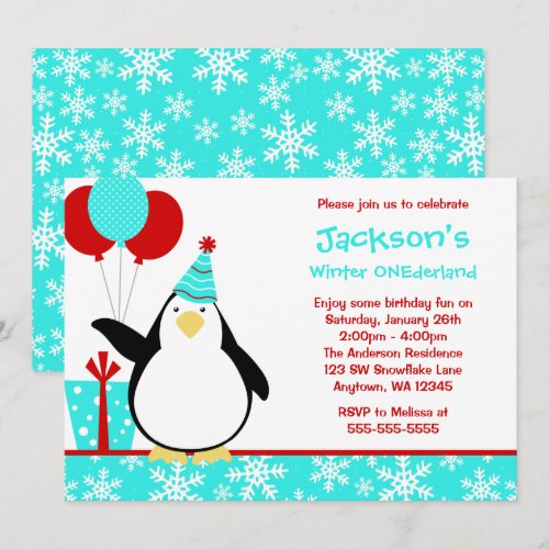 Penguin Teal Snowflakes Winter Onederland Birthday Personalized Announcements