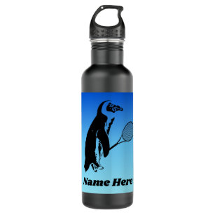 Penguin Tennis Player With Text on Blue Background Stainless Steel Water Bottle