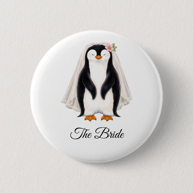  Penguin The Bride Personalized White Bachelorette Button (Front)