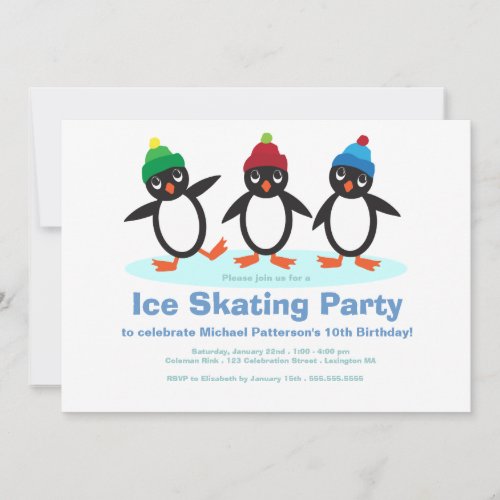 Penguin Trio Boys Ice Skating Birthday Party Invitation