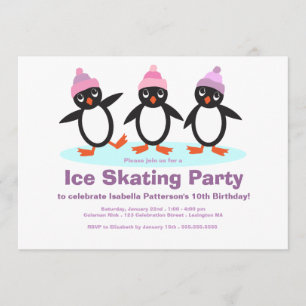 Penguin Trio Girls Ice Skating Birthday Party Invitation
