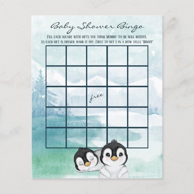 Penguin Twin Bingo Baby Shower Game Flyer (Front)