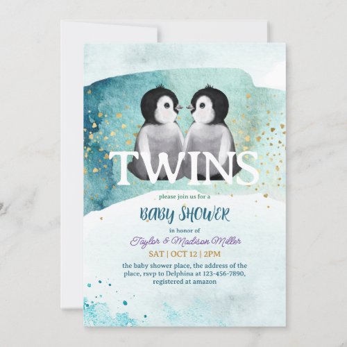Penguin Twin Winter Theme Baby Boy Shower Invitation