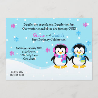 Penguin Twins Birthday Invitation, Boy/Girl Invitation