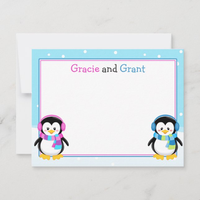 Penguin Twins Thank You Note, Boy/Girl Twins Note Card (Front)
