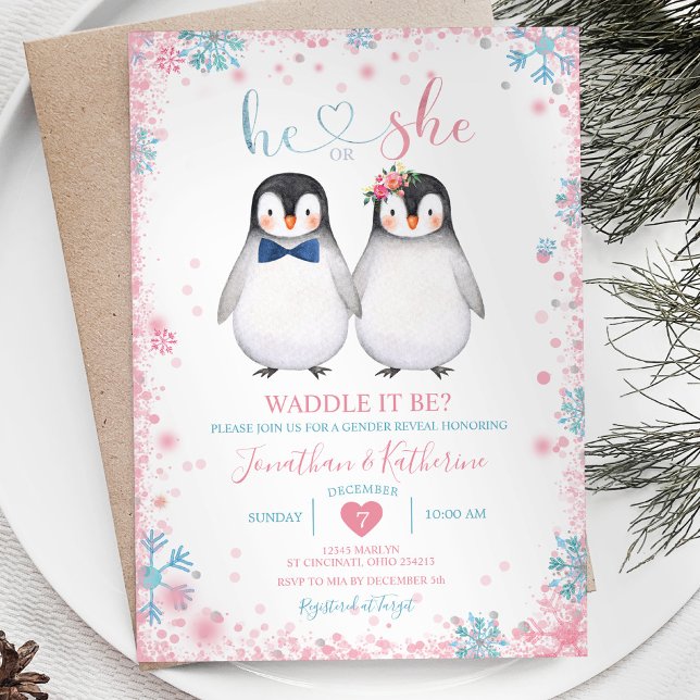 Penguin Waddle it be? He or She Gender Reveal  Invitation (Creator Uploaded)