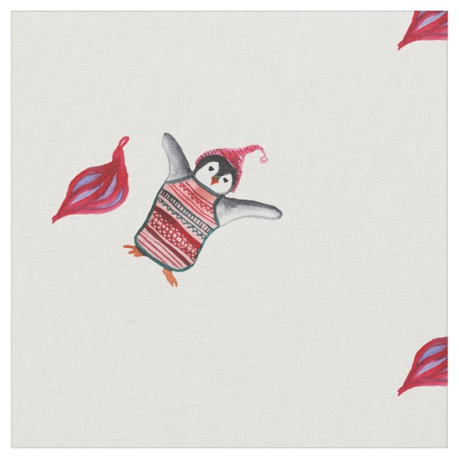 Penguin Watercolor Art  Fabric (Close Up)