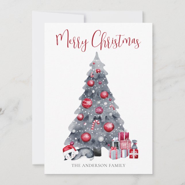 Penguin Watercolor Red Black Merry Christmas Holiday Card (Front)