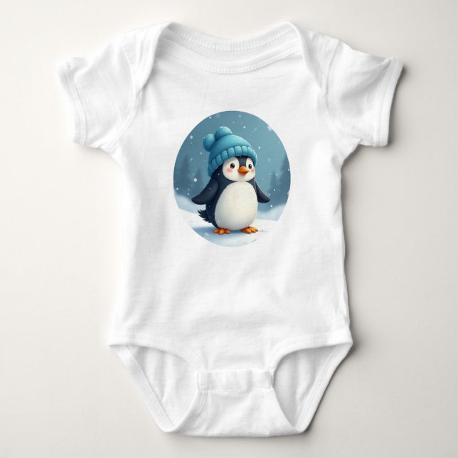 penguin wearing a blue hat baby bodysuit (Front)