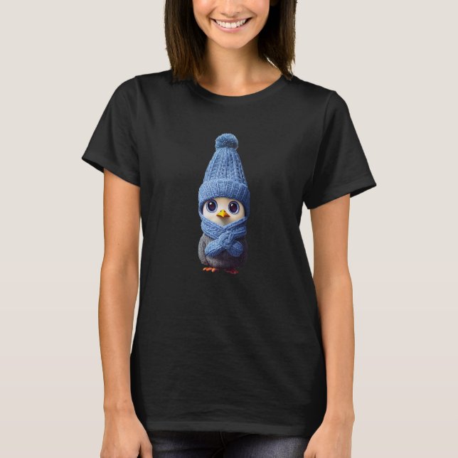 Penguin Wearing a Knit Hat and a Knit Scarf T-Shirt (Front)