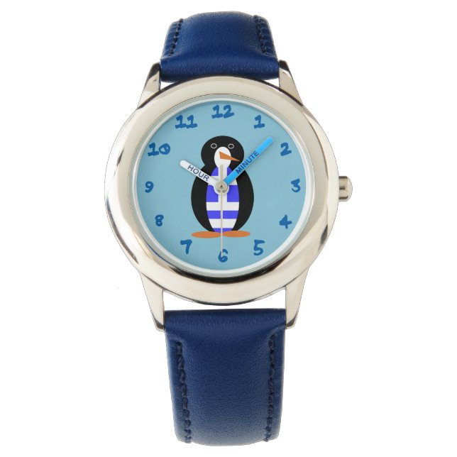 Penguin Wearing Greek Flag Vest Blue Background  Watch (Front)