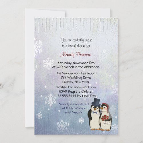 Penguin Wedding with Snowflakes - Bridal Shower Personalized Invite