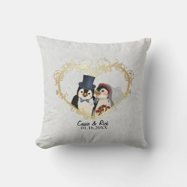 Penguin Wedding Bride and Groom - Customize Throw Pillow (Front)