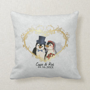Penguin Wedding Bride and Groom - Customize Throw Pillow
