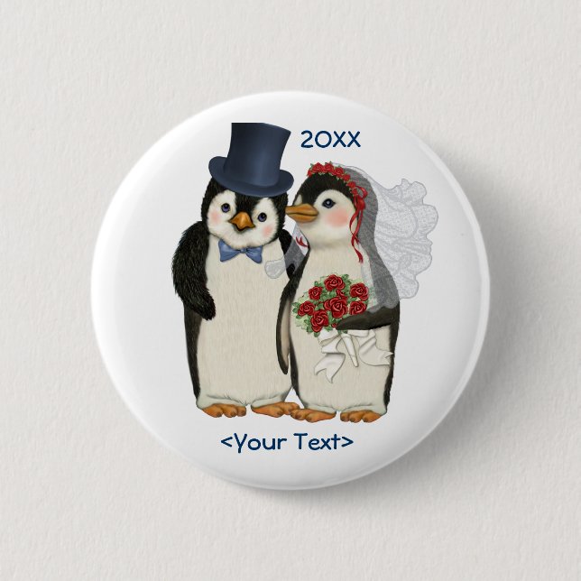 Penguin Wedding Bride and Groom Tie - Customize Button (Front)