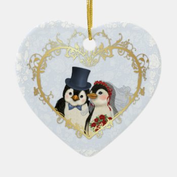 Penguin Wedding Heart - Customize Back Text Ceramic Ornament by SpiceTree_Weddings at Zazzle