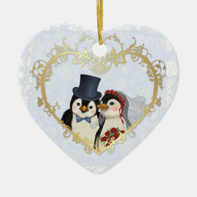 Penguin Wedding Heart - Customize back text Ceramic Ornament (Front)