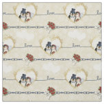 Penguin Wedding Hearts On Beige Fabric