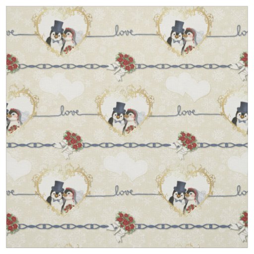 Penguin Wedding Hearts On Beige Fabric