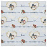Penguin Wedding Hearts On Blue Fabric