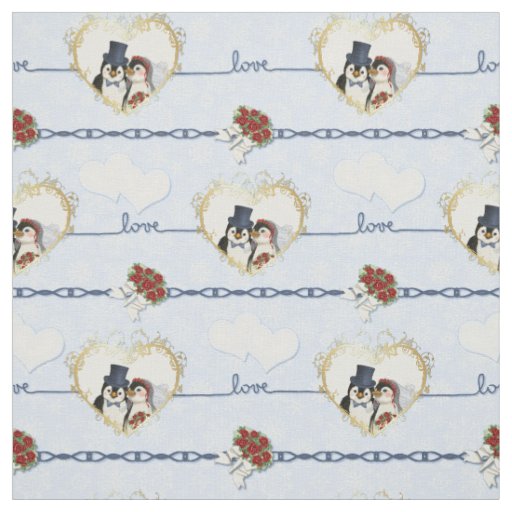 Penguin Wedding Hearts On Blue Fabric