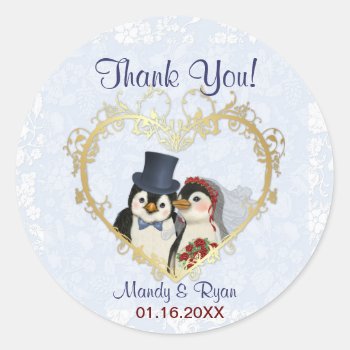Penguin Wedding Seal- Thank You Classic Round Sticker by SpiceTree_Weddings at Zazzle