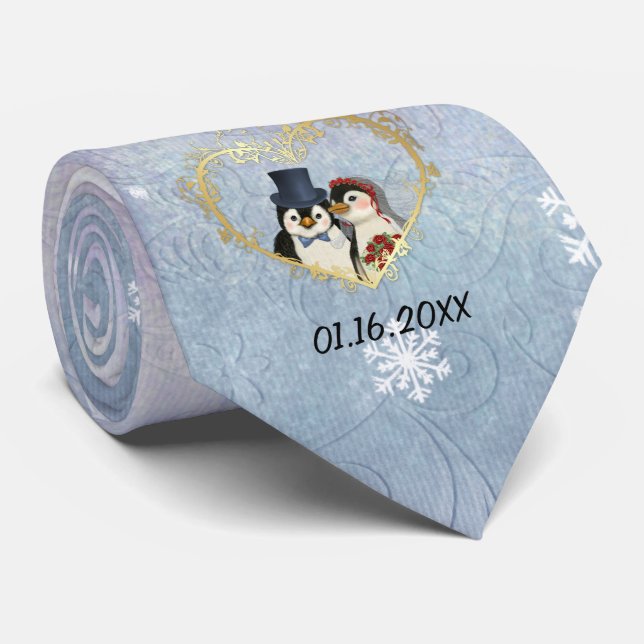 Penguin Wedding Snowflake Pattern - Customize Tie (Rolled)