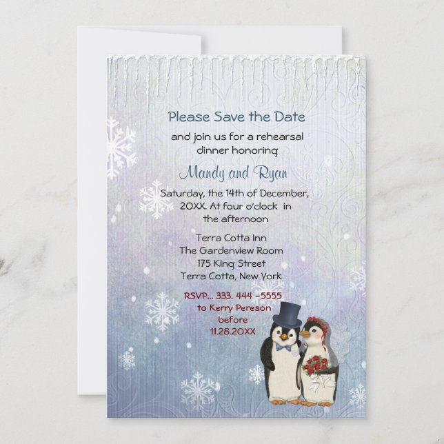 Penguin Wedding Snowflakes Rehearsal Dinner Invite (Front)