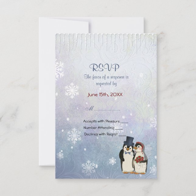 Penguin Wedding with Snowflakes - RSVP (Front)