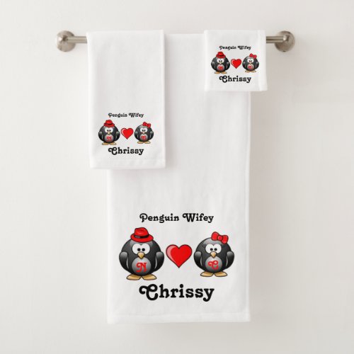 Penguin Wifey Adorable Mate Red Heart Hat Bath Towel Set