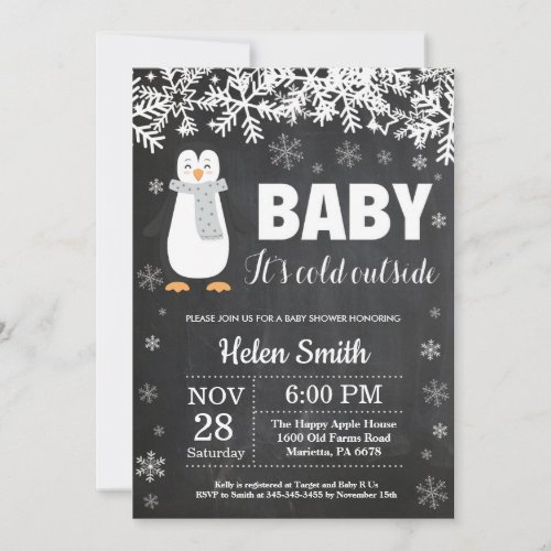 Penguin Winter Baby Shower Chalkboard Invitation