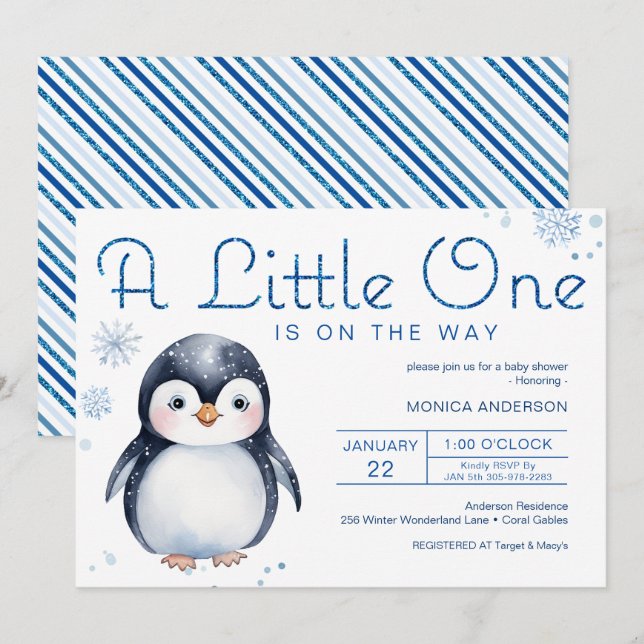 Penguin Winter Baby Shower Invite for Girl or Boy (Front/Back)