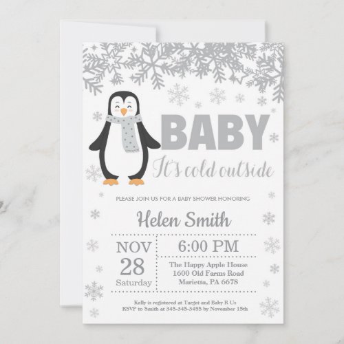 Penguin Winter Baby Shower Snowflake Invitation