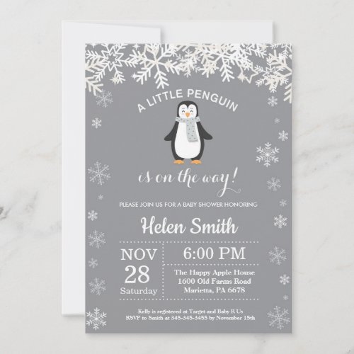 Penguin Winter Baby Shower Snowflake Invitation