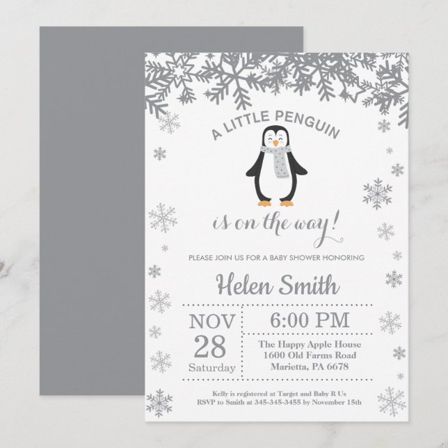 Penguin Winter Baby Shower Snowflake Invitation (Front/Back)