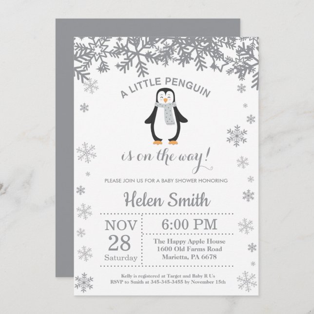 Penguin Winter Baby Shower Snowflake Invitation (Front/Back)