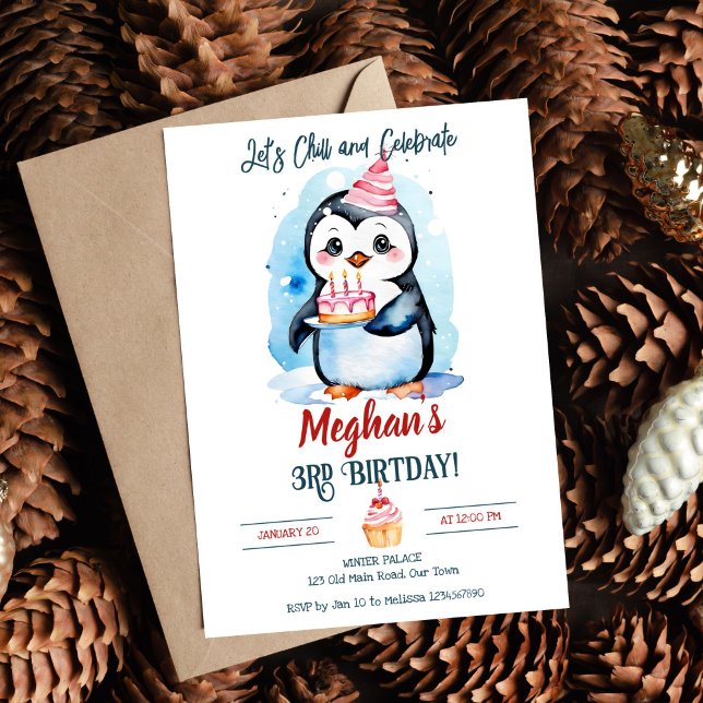 Penguin winter birthday party editable template (Cute Penguin with a cake winter birthday party editable template invitation digital download oneder)