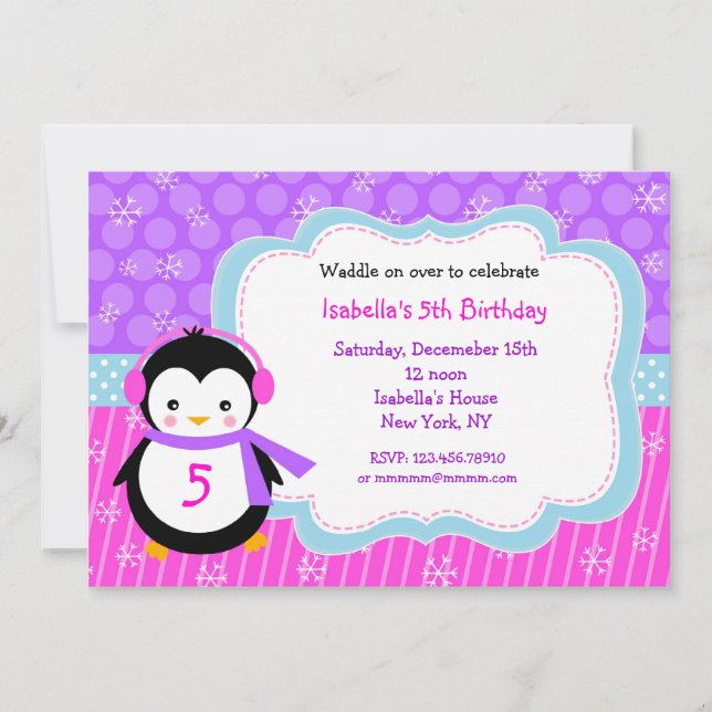 Penguin Winter Birthday Party Invitations (Front)
