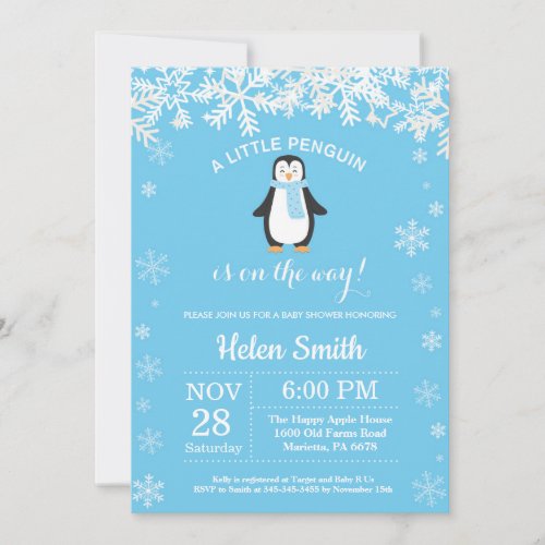 Penguin Winter Blue Boy Baby Shower Snowflake Invitation