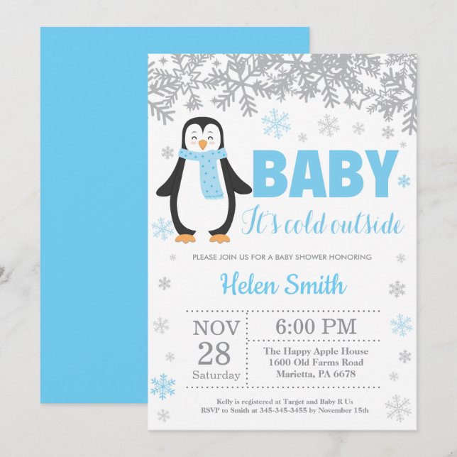 Penguin Winter Blue Boy Baby Shower Snowflake Invitation (Front/Back)