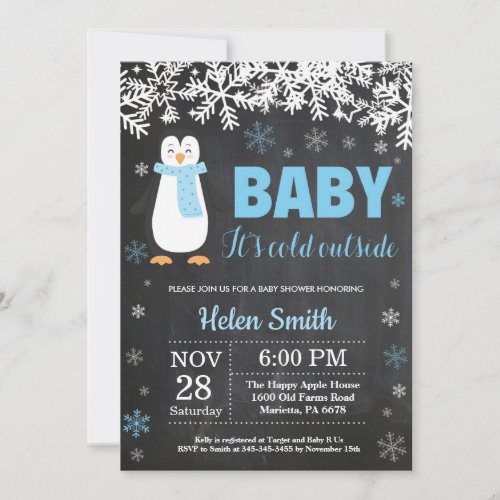 Penguin Winter Boy Baby Shower Chalkboard Invitation