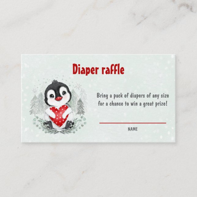 Penguin Winter Boy Baby Shower Diaper Raffle Card (Front)